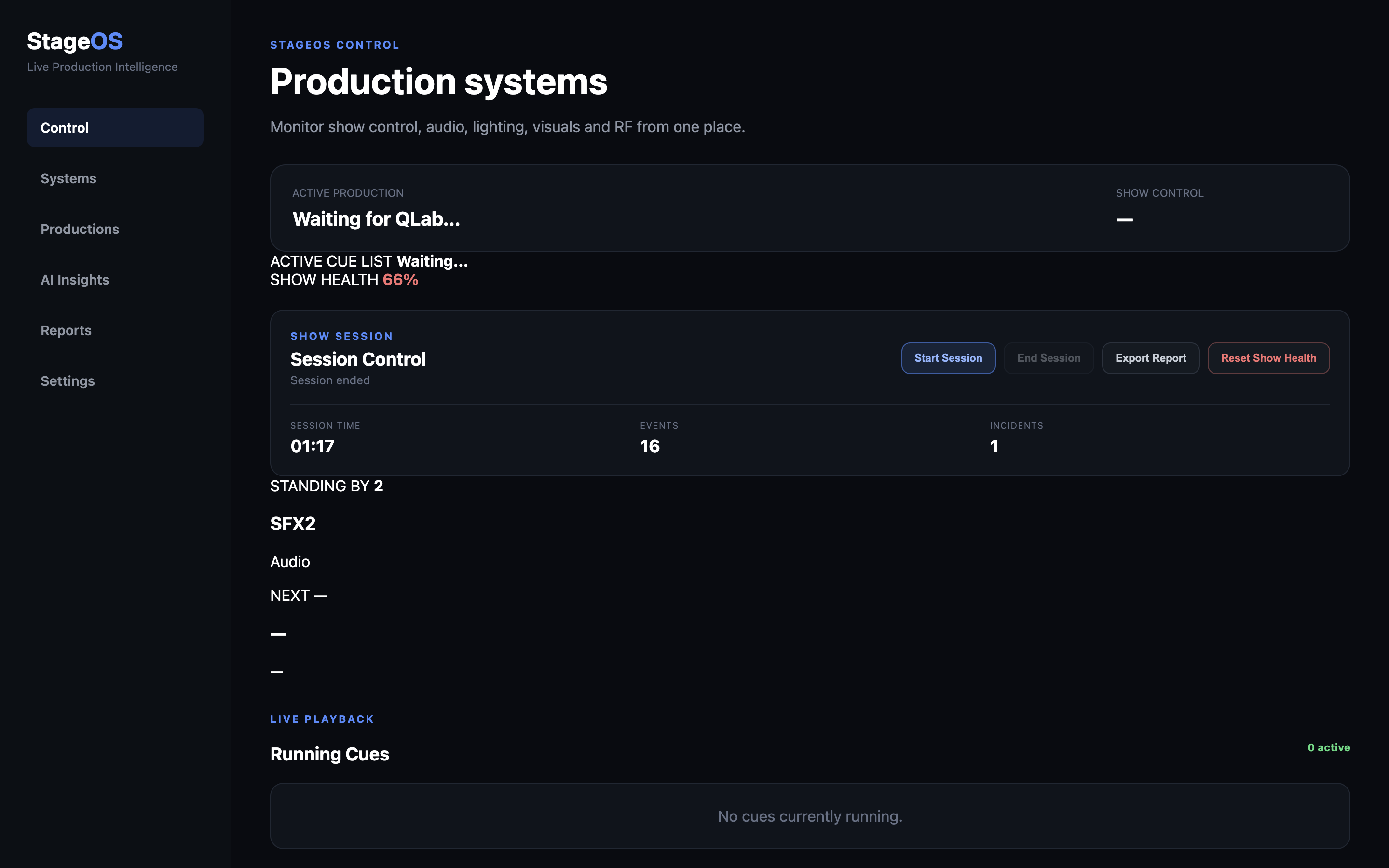 StageOS Control showing live production monitoring